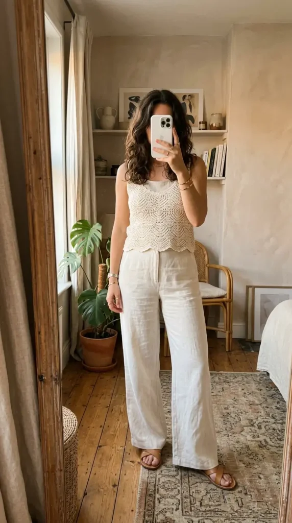 Artsy summer outfit ideas featuring a cream crochet tank top paired with flowy wide-leg linen pants
