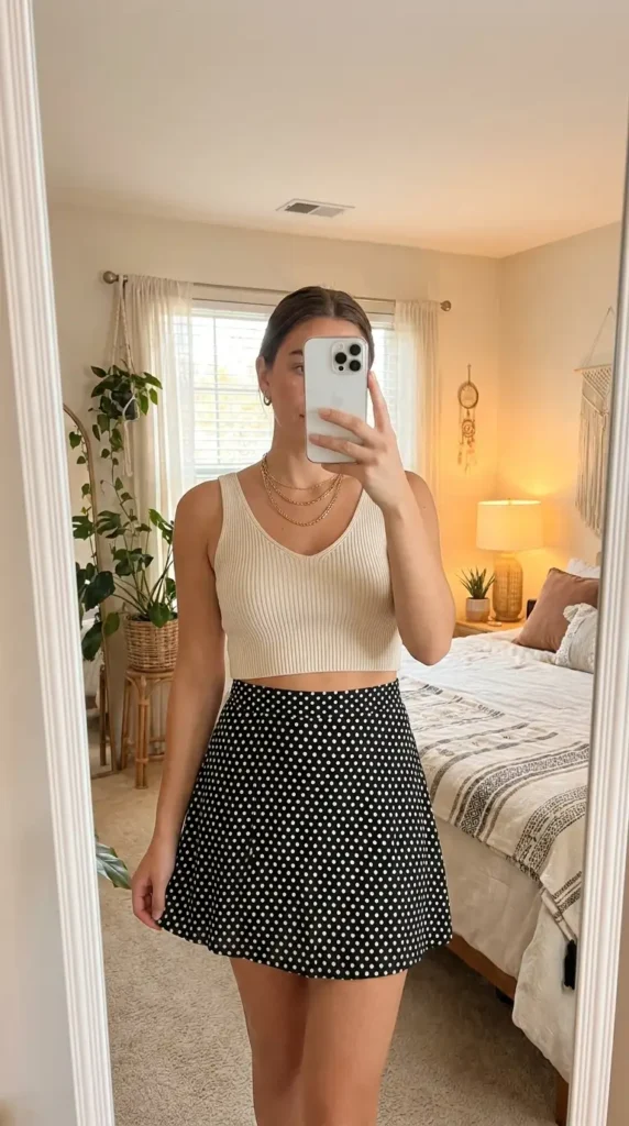 Black and white polka dot skirt outfits with a cream ribbed crop top and layered gold chain necklaces
