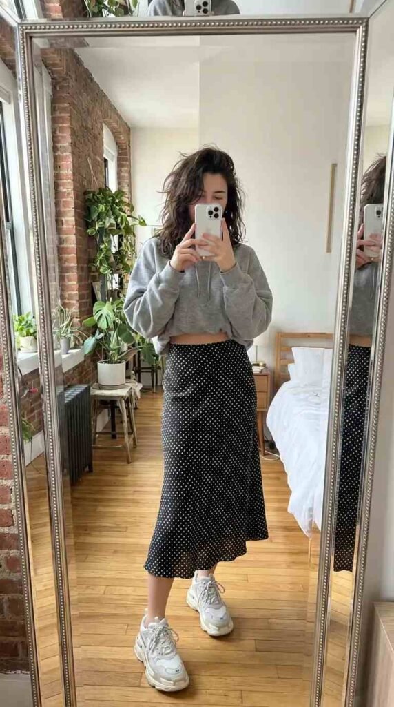 Black and white polka dot skirt outfits styled with a grey cropped hoodie and chunky white sneakers
