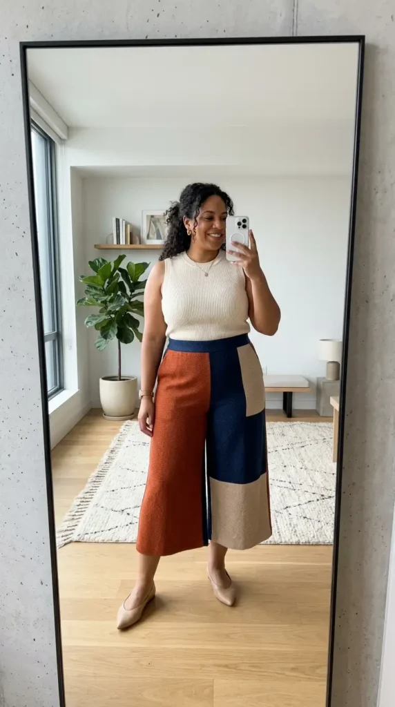 Color-block culottes with sleeveless knit top — summer artsy outfit ideas for plus size women, chic and minimal.
