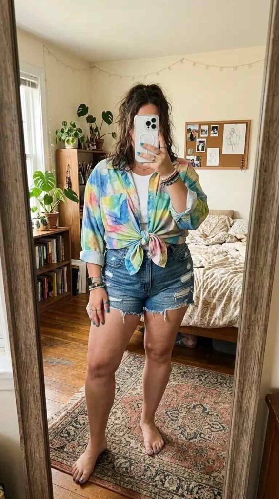 Tie-dye oversized shirt with denim cutoffs — summer artsy outfit ideas for plus size women, boho vibe.

