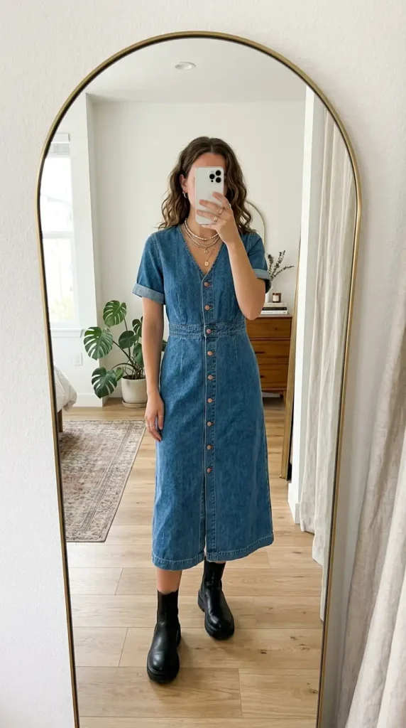 Button-front denim midi dress with black boots and layered necklaces — chic Summer Artsy School Outfits.