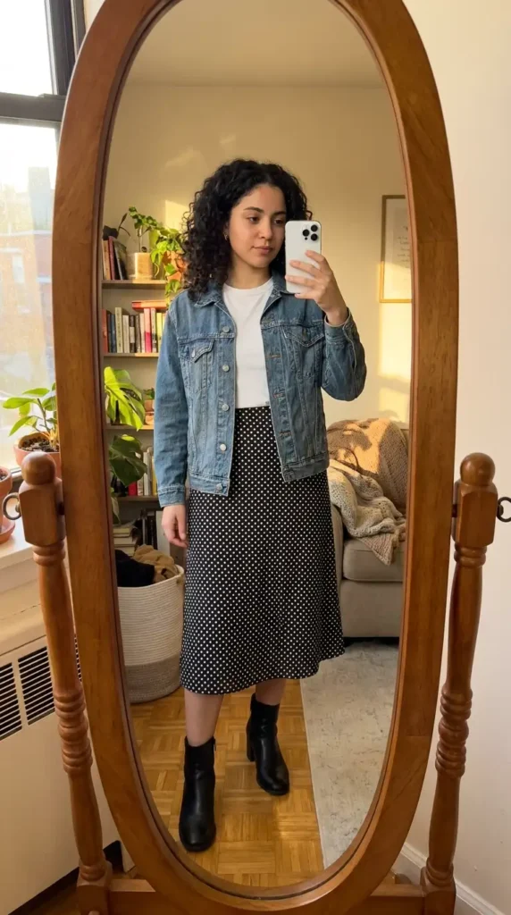 Black and white polka dot skirt outfits with a denim jacket, white tee, and black ankle boots
