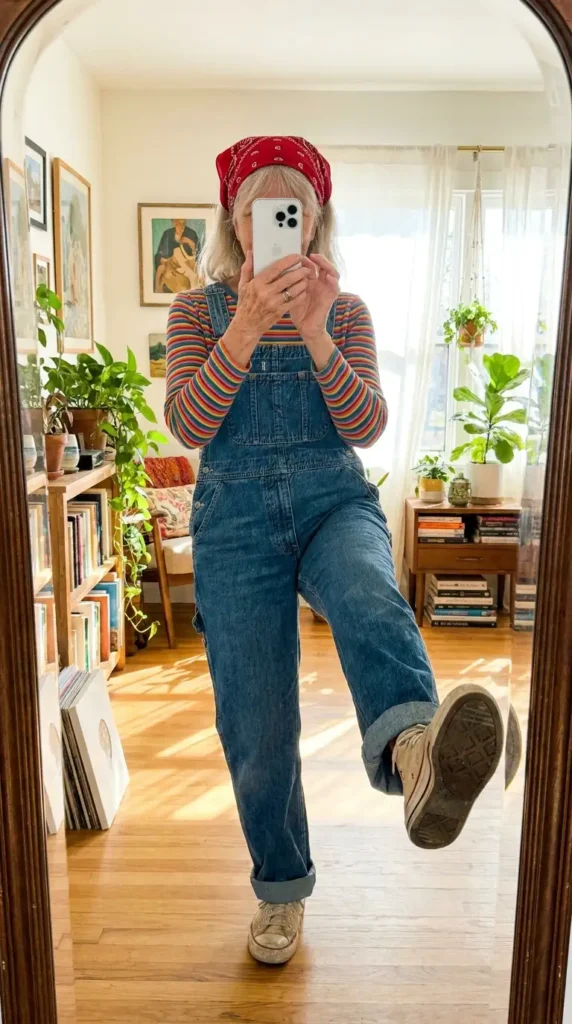 Boho grandma style in denim overalls over a rainbow striped long-sleeve with red bandana headscarf