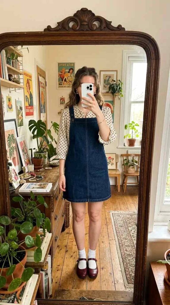 Artsy summer outfit ideas: denim pinafore over a polka dot blouse with Mary Jane shoes
