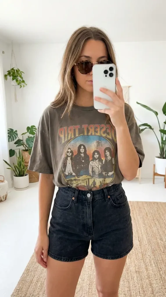 Black denim shorts with tucked vintage graphic tee and sunglasses — casual summer family reunion outfit ideas