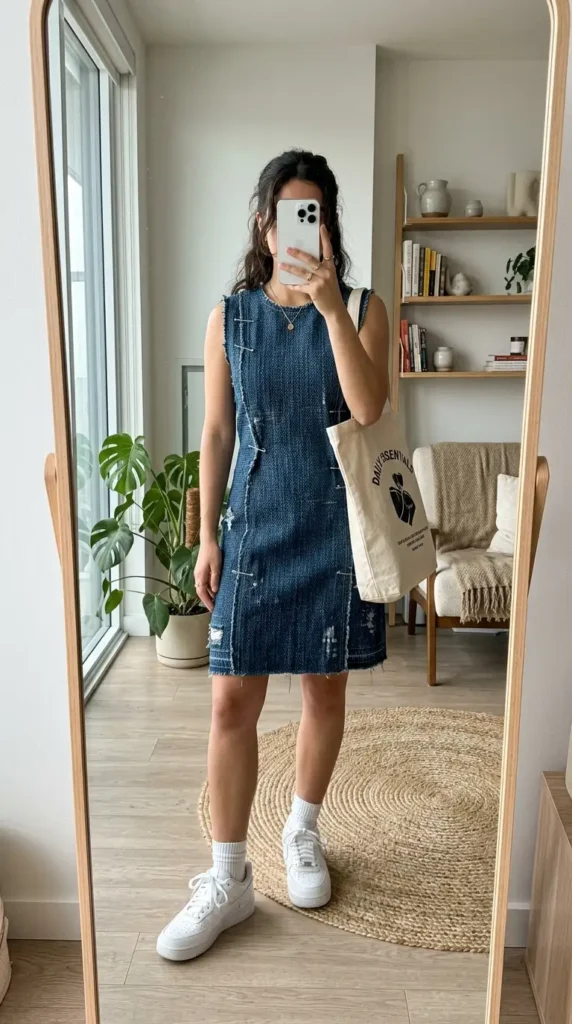 Dark denim woven pinned mini dress styled with white sneakers and a canvas tote — woven fantasy dress to impress

