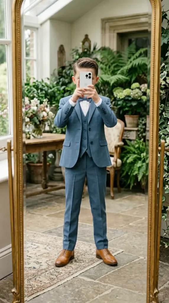Dusty blue three-piece boys suit outfit ideas for wedding summer with bow tie and tan brogues in a garden conservatory setting.