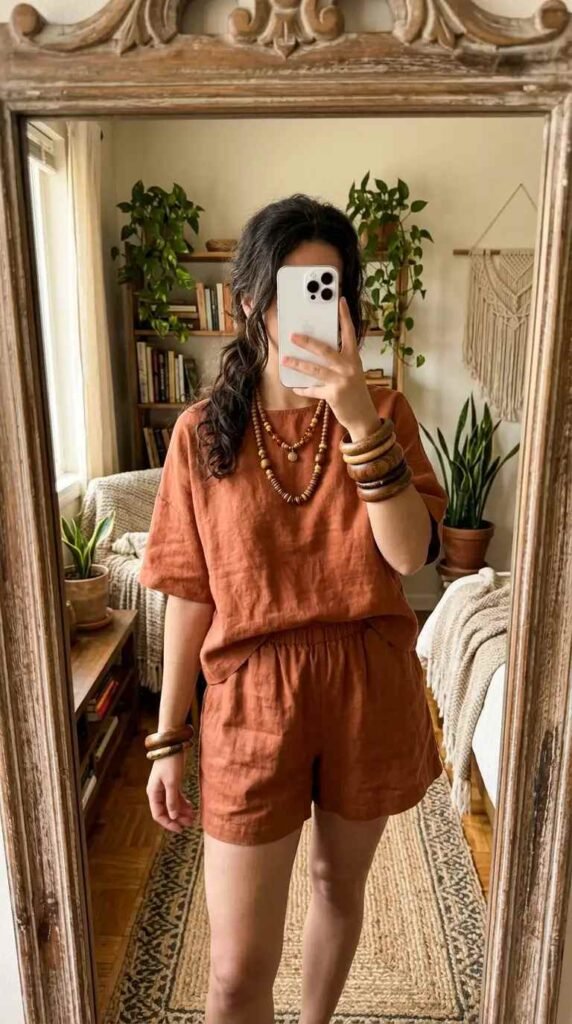 Rust linen shorts set with wooden bead jewelry — artsy summer outfit ideas in earthy tones
