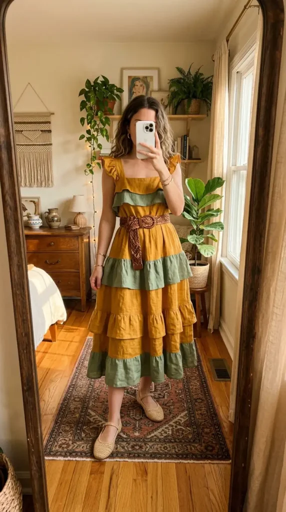 Mustard and sage tiered ruffle midi dress belted at waist — stunning Summer Artsy School Outfits choice.