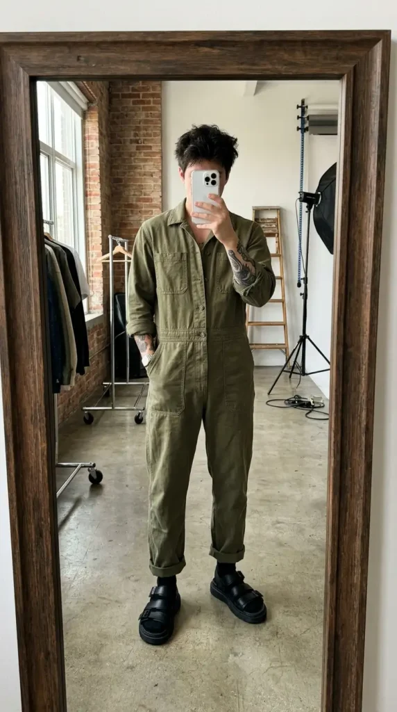 Olive green boilersuit with chunky sandals — edgy summer artsy outfits for men, studio mirror selfie
