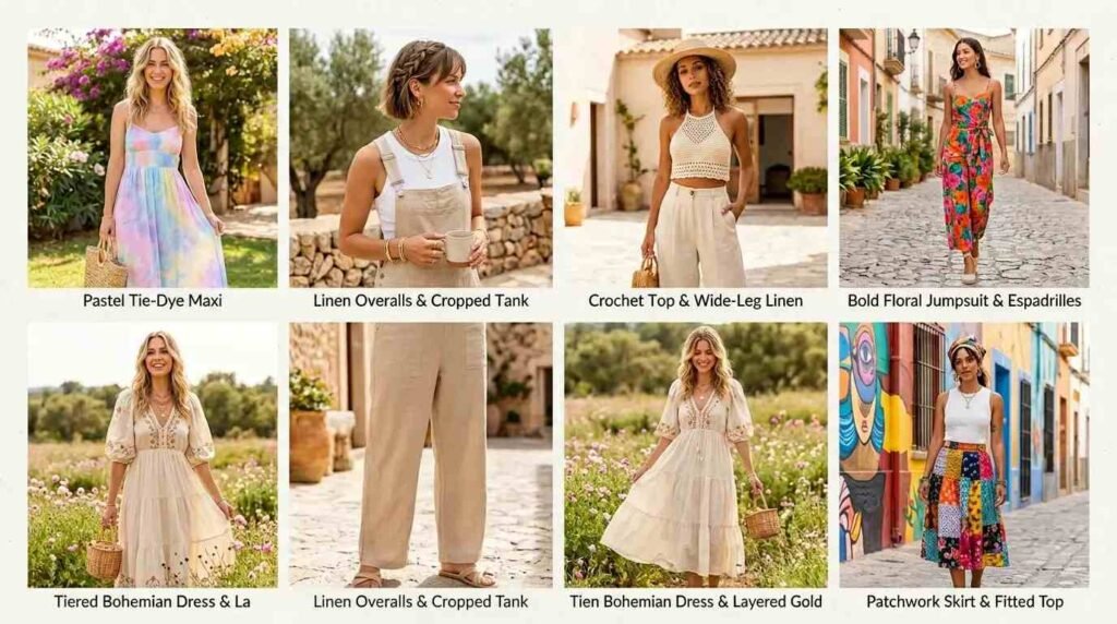 Easy artsy summer outfit ideas collage featuring floral jumpsuits, linen sets, and patchwork skirts