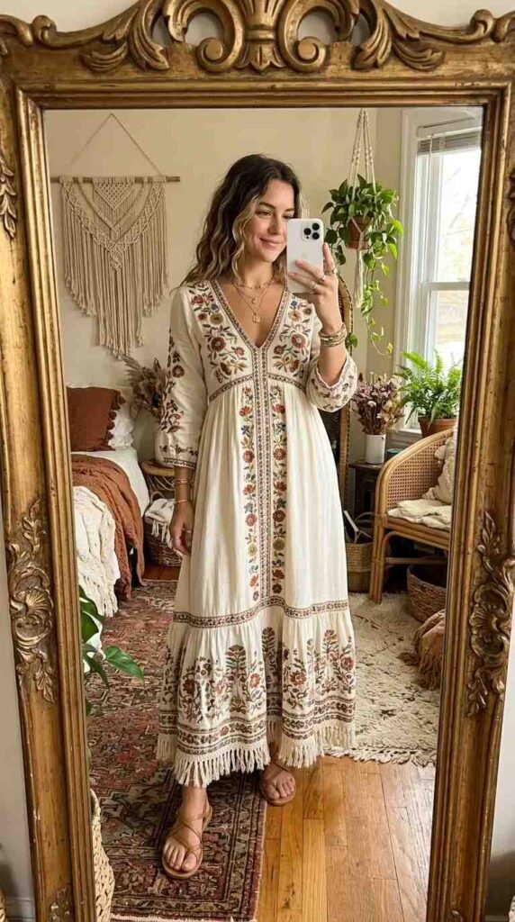 Cream embroidered boho maxi dress — a free-spirited summer wedding anniversary outfit idea for women.

