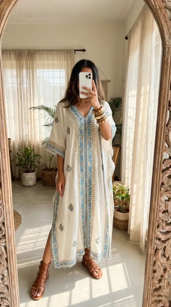 White embroidered kaftan with blue floral details — flowy hippie outfit ideas for women with gladiator sandals.
