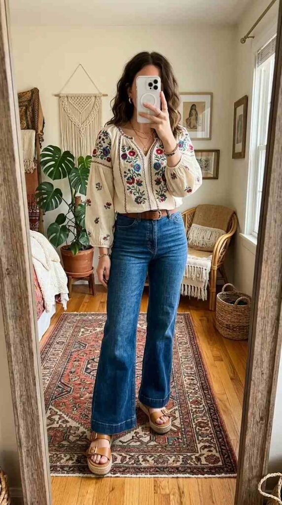 Artistic style outfits for women: embroidered peasant blouse with flared jeans and platform sandals.
