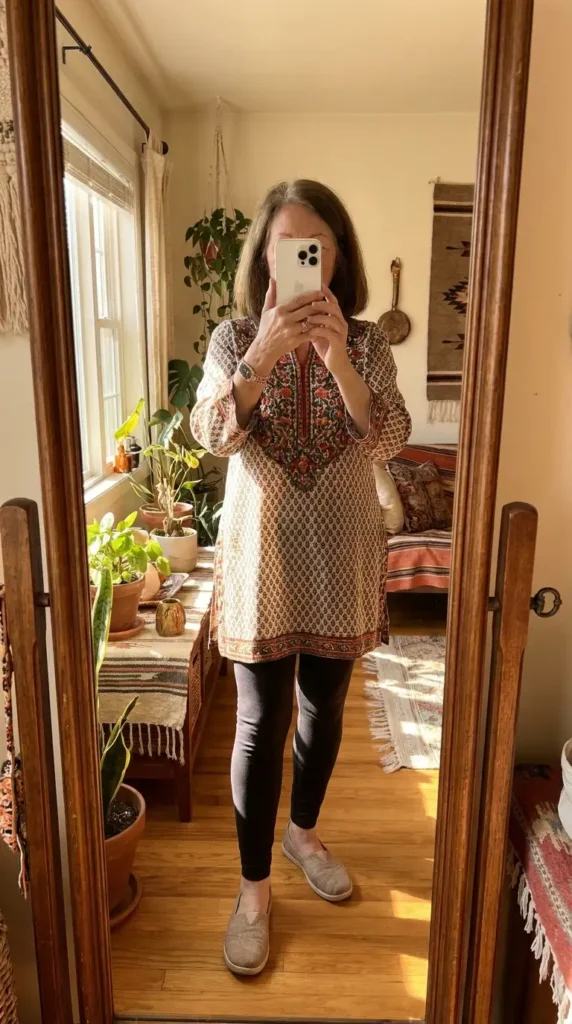 Hippie outfits she'll adore: floral block-print embroidered tunic worn over black leggings with slip-ons