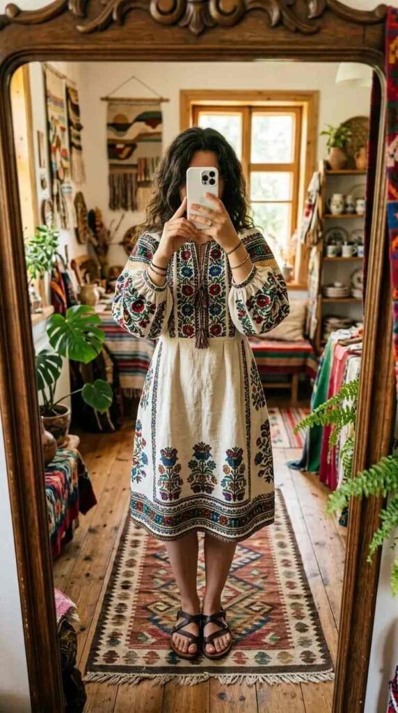 White woven folk dress with vibrant embroidered floral motifs and sandals — a woven fantasy dress to impress

