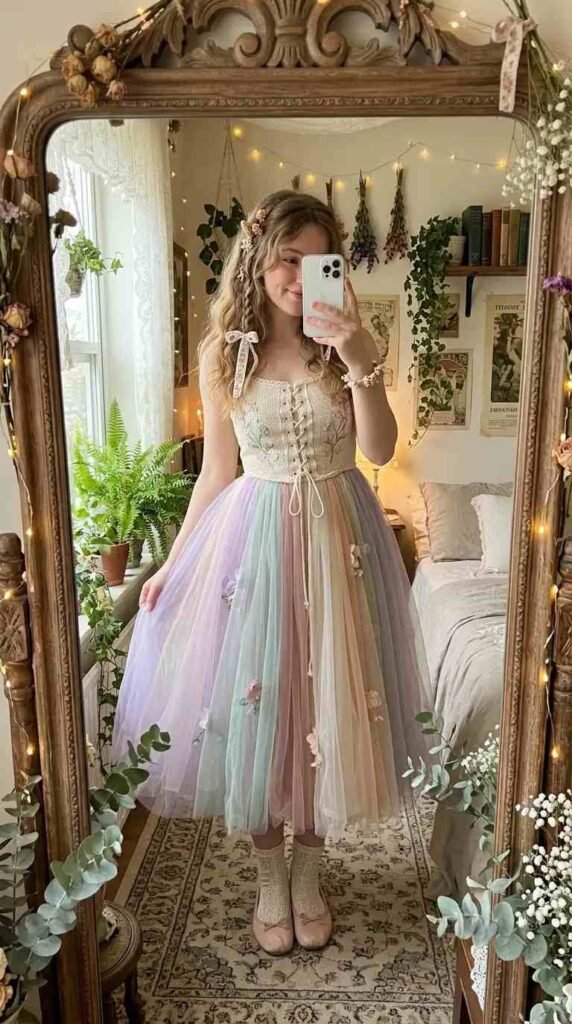 Pastel rainbow tulle skirt with woven lace-up bodice — a dreamy woven fantasy dress to impress in fairycore style
