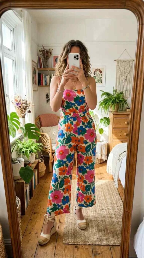 Artsy summer outfit ideas: bold floral wide-leg jumpsuit styled with neutral wedge espadrilles
