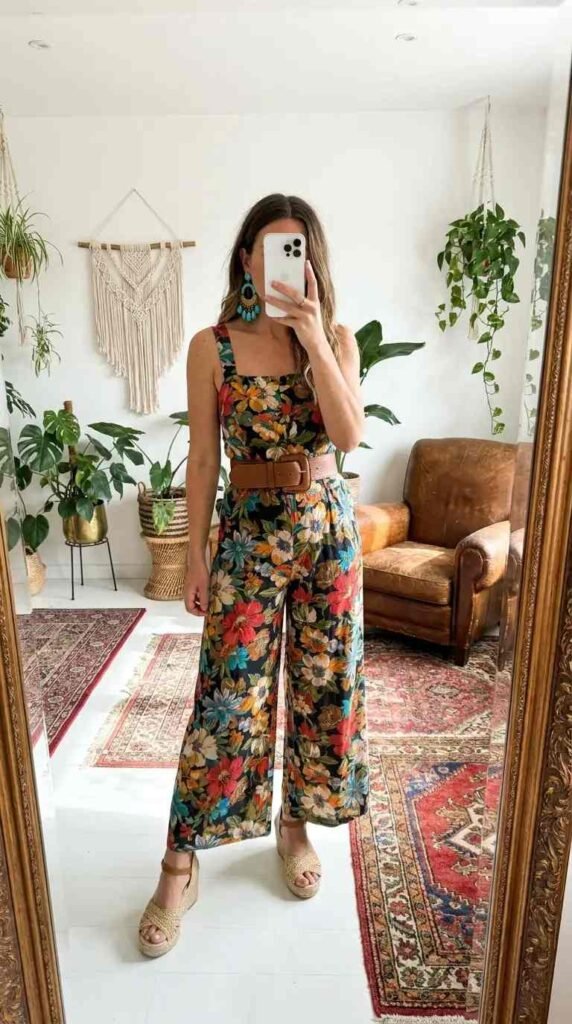 Bold floral wide-leg jumpsuit with wide brown belt — vibrant hippie outfit ideas for women with wedge sandals.
