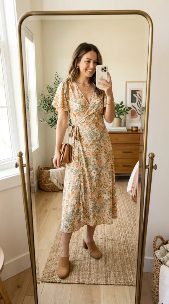 Soft floral wrap midi dress with flutter sleeves — a pretty summer wedding anniversary outfit idea.
