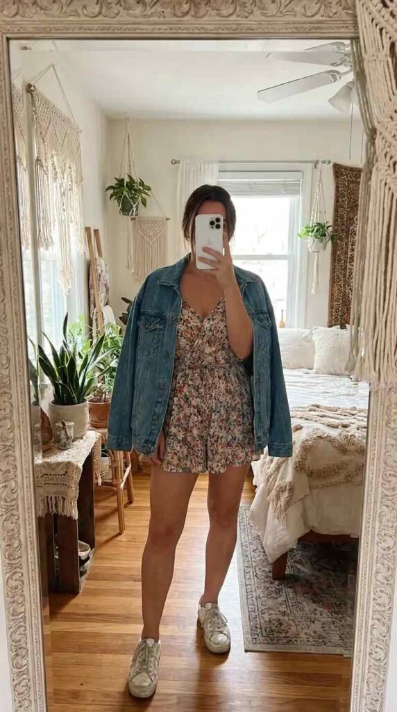 Floral romper layered under an oversized denim jacket — casual hippie outfit ideas for women with sneakers.
