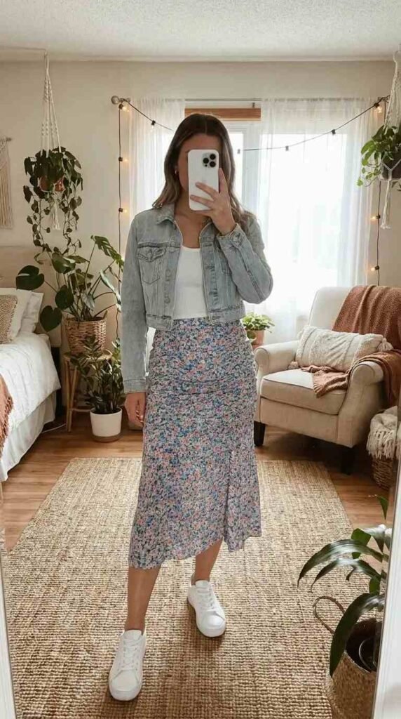 Floral midi rush skirt outfit idea with a denim jacket, white tank top, and white sneakers