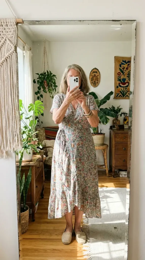 Boho grandma style in a flowy floral wrap midi dress paired with natural espadrille flat shoes.
