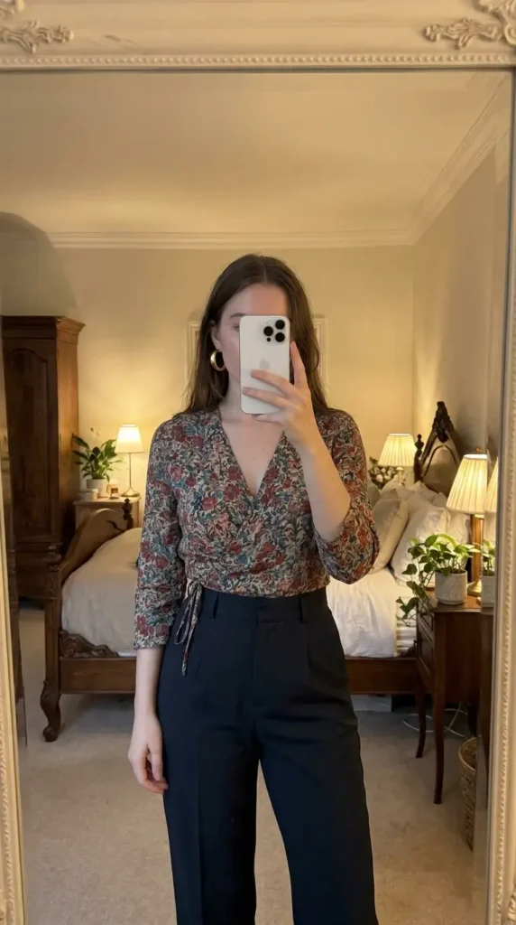 Floral wrap blouse with high-waisted navy trousers — chic summer family reunion outfit ideas for women