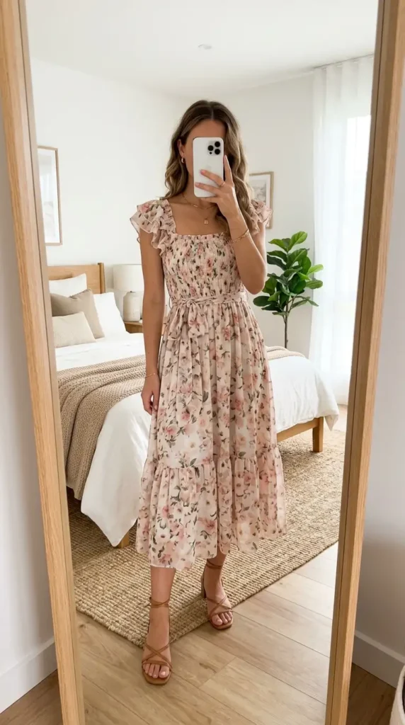 Blush flowy floral midi dress with ruffle straps — a dreamy summer wedding anniversary outfit idea.
