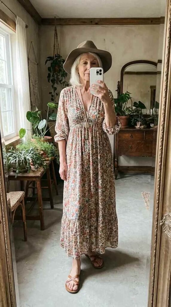 Hippie outfits she'll adore: floral boho maxi dress with a tassel belt, wide-brim hat, and leather sandals.