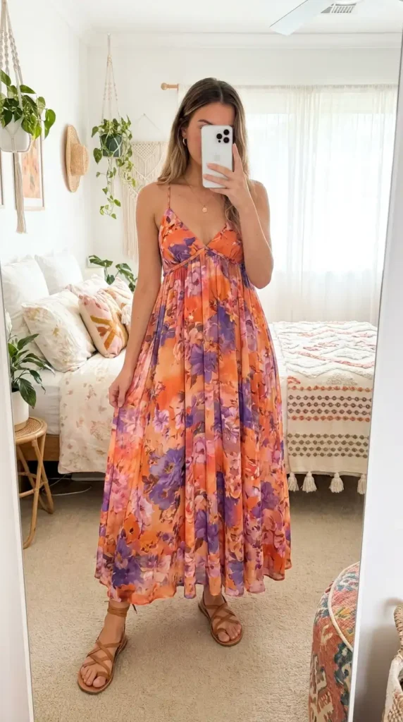 Orange and purple floral maxi dress with strappy sandals — vibrant summer family reunion outfit ideas