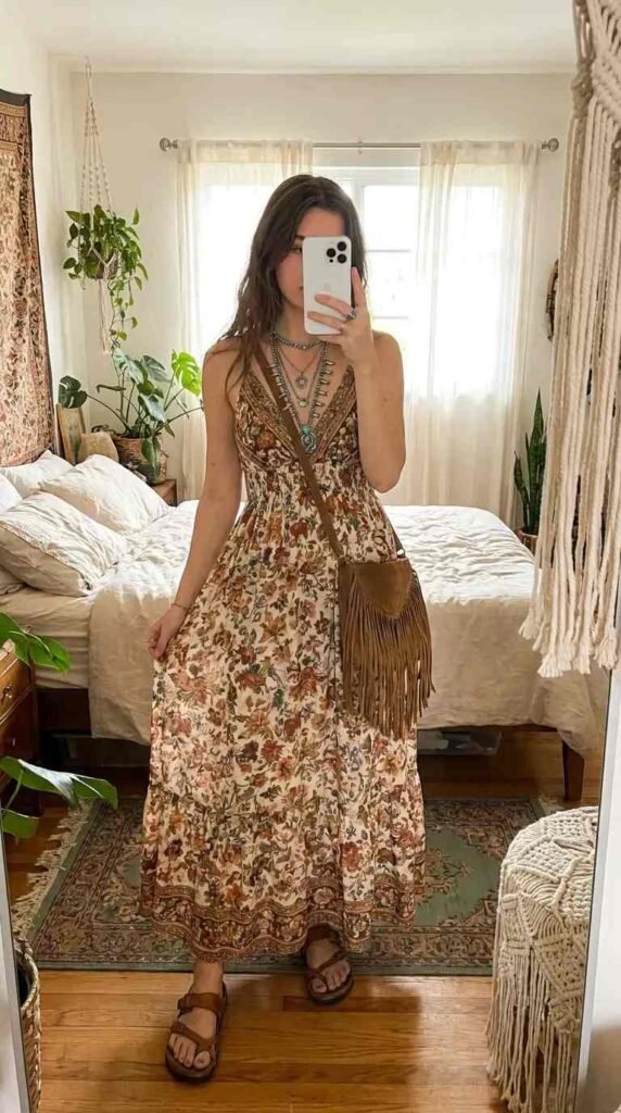 Boho floral maxi dress with suede fringe bag — earthy hippie outfit ideas for women wearing layered necklaces.
