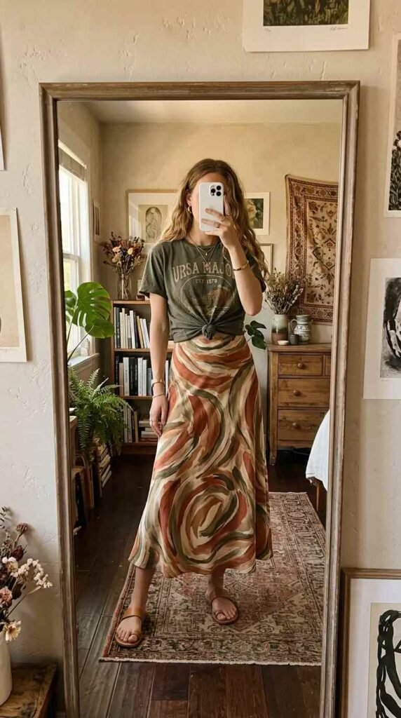 Knotted olive graphic tee with swirl-print maxi skirt — artistic Summer Artsy School Outfits with sandals.