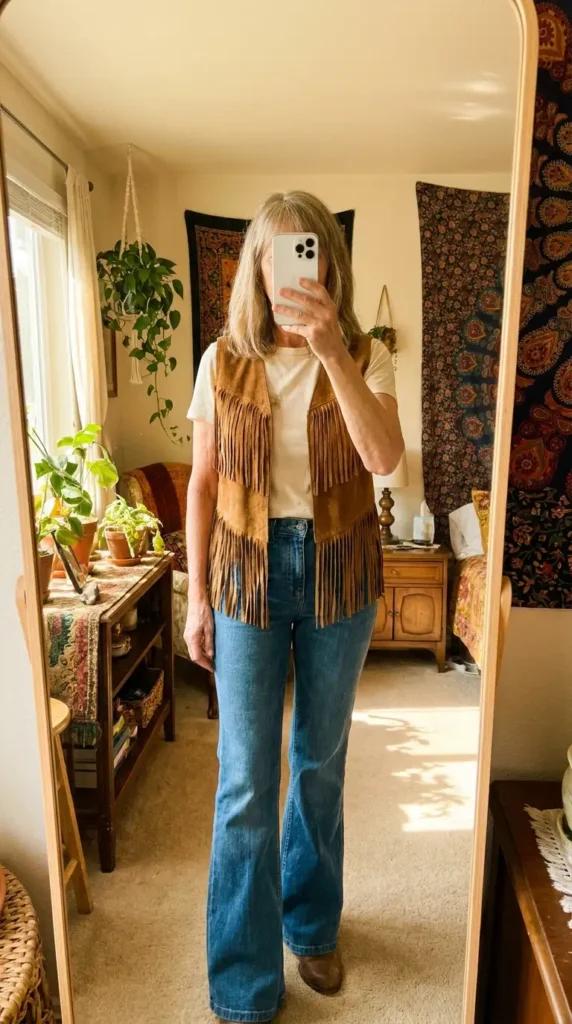 Boho grandma style with a suede fringe vest over a white tee and flare jeans with brown ankle boots