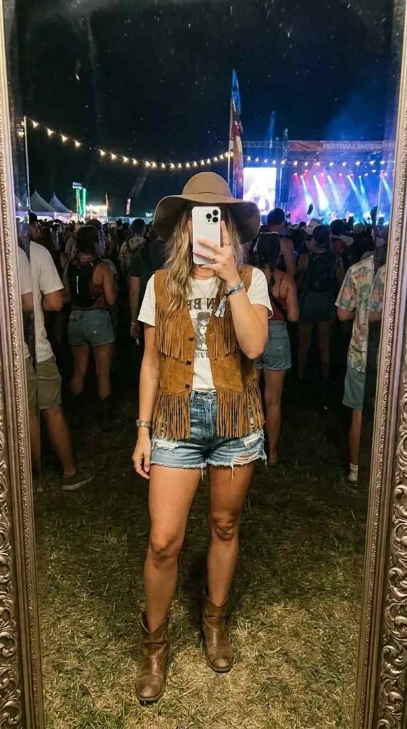 Festival hippie outfit ideas for women: brown fringe vest, graphic tee, cutoff denim shorts & cowboy boots.
