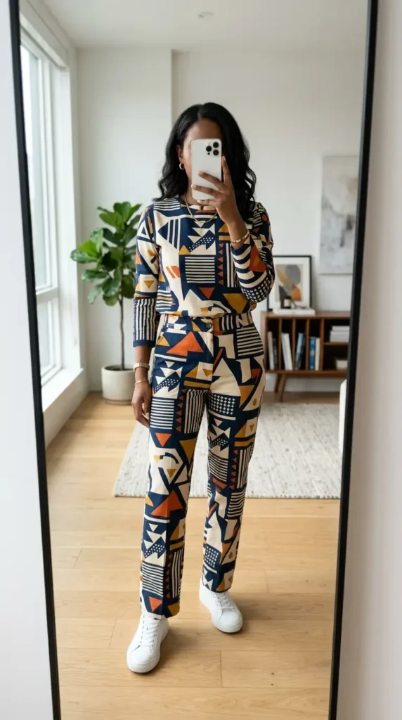 Artistic style outfits for women: geometric print coord set in navy, orange, and cream with sneakers.

