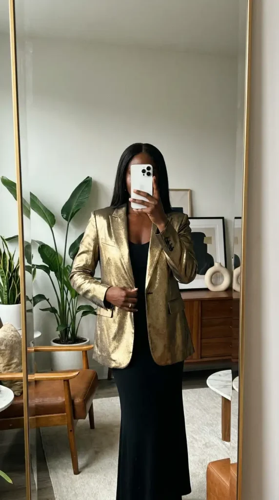 Shimmering gold blazer over a simple black dress, striking black and gold outfit ideas for black women.