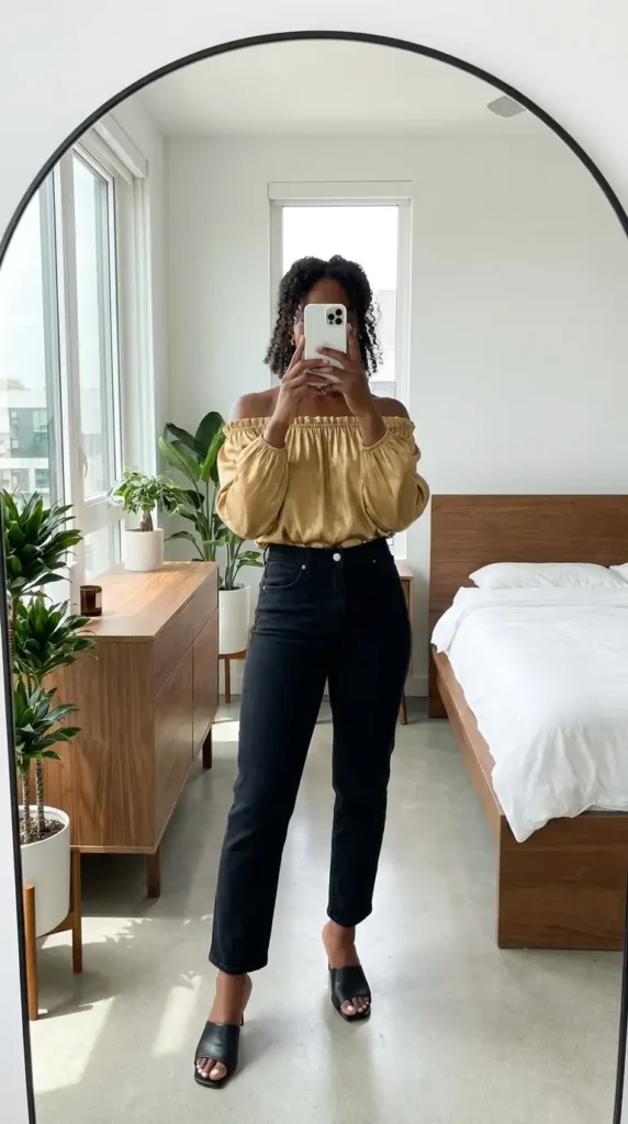 Golden off-shoulder top with black jeans, stylish black and gold outfit ideas for black women.