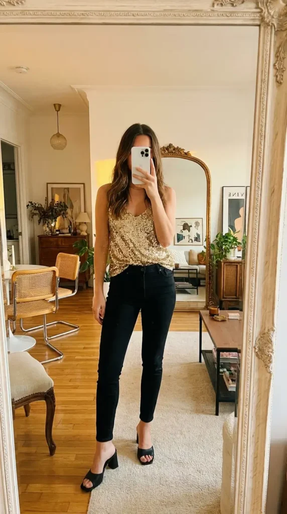 Casual black and gold party outfit ideas featuring a gold sequin cami top paired with black skinny jeans and black mule heels.
