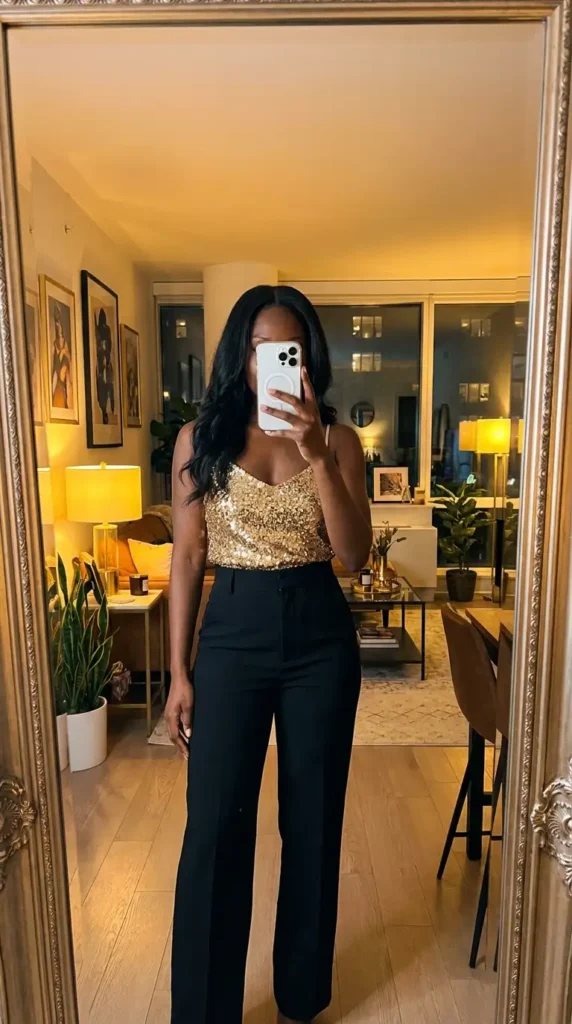 Sparkling gold sequin top with black trousers, glamorous black and gold outfit ideas for black women.