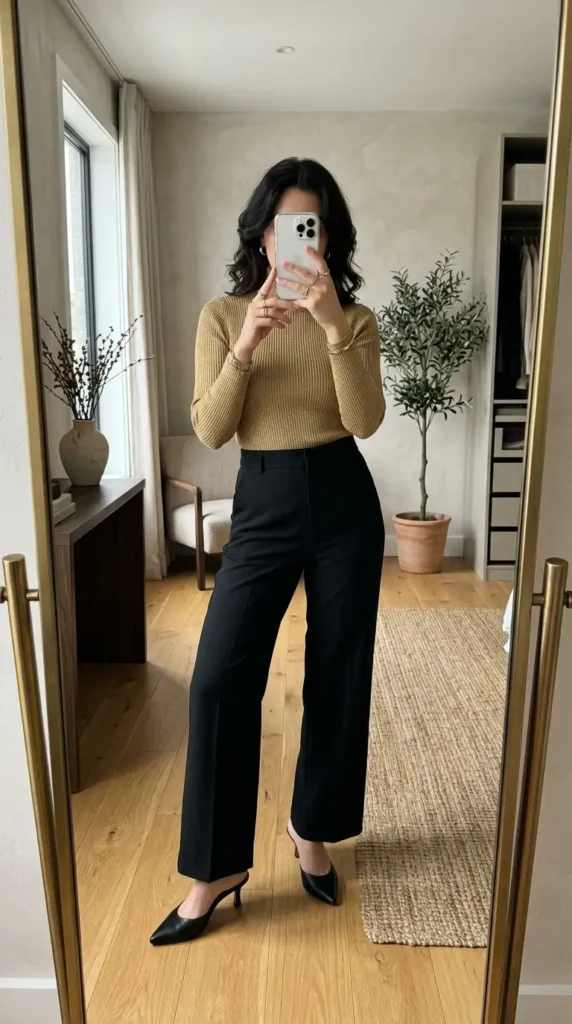 Casual black and gold party outfit ideas with a ribbed gold turtleneck top styled with tailored black wide-leg trousers.
