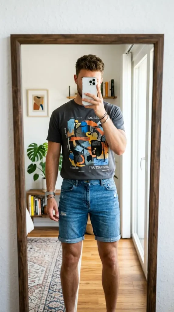 Abstract museum graphic tee with blue denim shorts — casual summer artsy outfits for men
