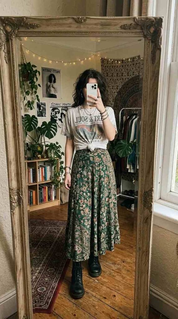 Knotted graphic art tee with green floral maxi skirt — artsy summer outfit ideas with combat boots

