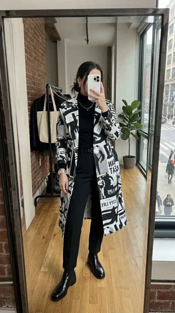 Artistic style outfits for women: black-and-white graphic print trench coat over all-black outfit.
