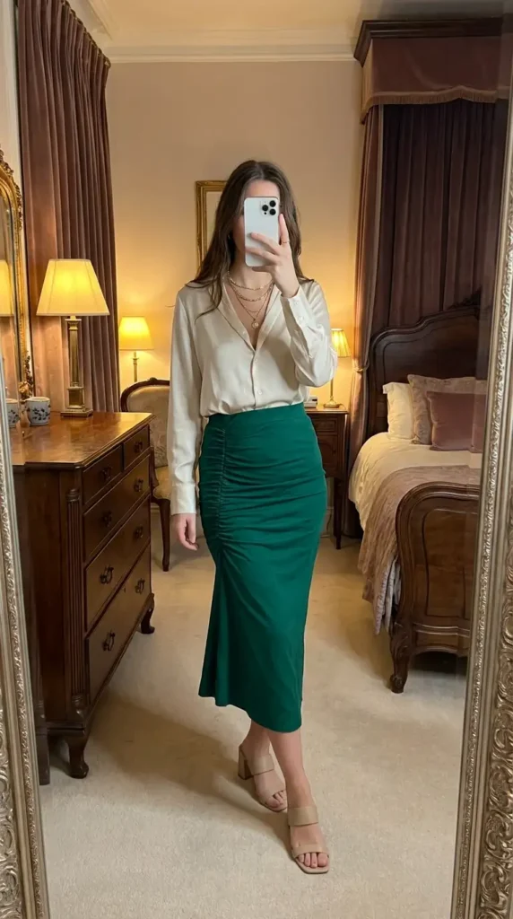 Green midi rush skirt outfit idea styled with a cream satin blouse, gold necklace and block heels