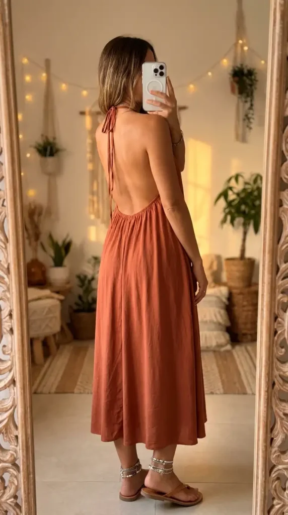 Rust halter backless maxi dress with layered anklets — minimalist hippie outfit ideas for women in boho decor.
