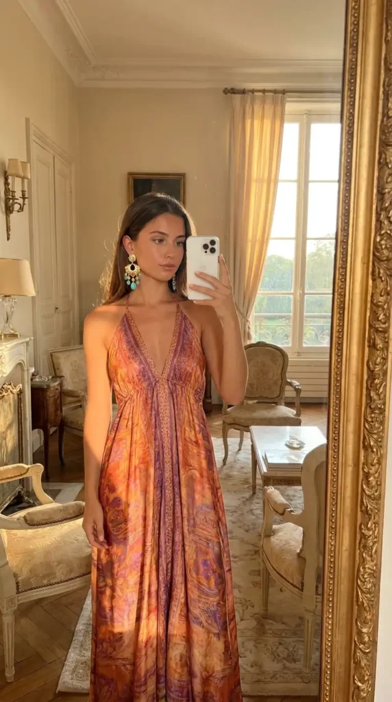 Rust paisley halter maxi dress with statement earrings — elegant summer family reunion outfit ideas