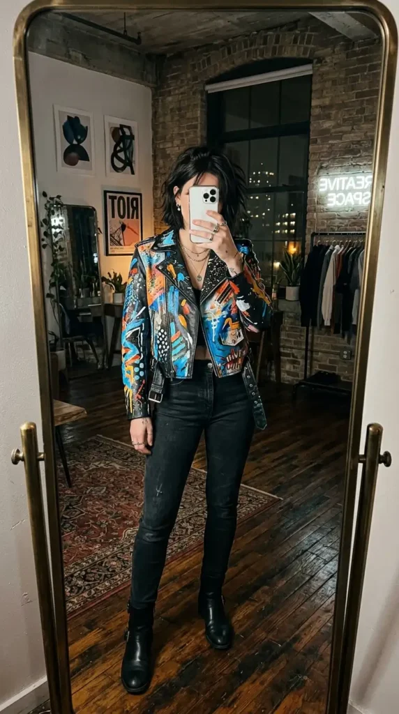 Artistic style outfits for women: hand-painted graffiti leather jacket with black jeans and boots.
