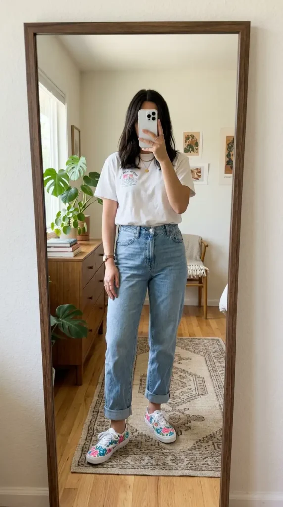 Artsy summer outfit ideas: white graphic tee with cuffed jeans and hand-painted floral sneakers
